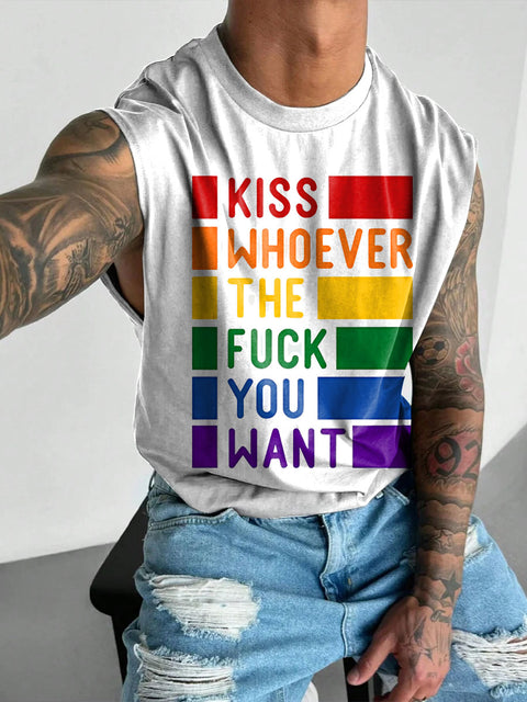 Kiss Whoever The Fuck You Rainbow Men's Gay LGBTQ Print Wide Shoulder Vest