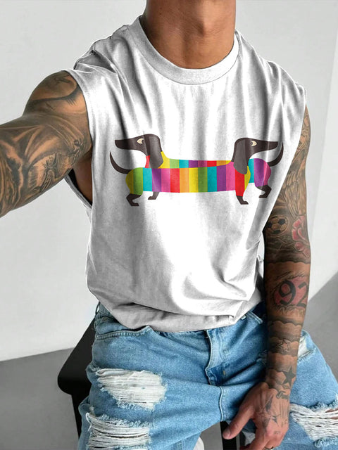 Rainbow Stripes Dachshund Men's LGBTQ Gay Print Wide Shoulder Vest