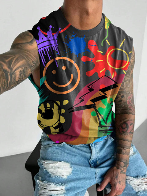 Rainbow Smiling face love Men's Gay LGBTQ Print Wide Shoulder Vest