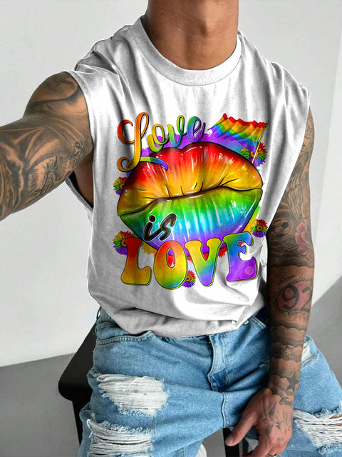 Love Is Love Pride Lips Rainbow Men's Gay LGBTQ Print Wide Shoulder Vest