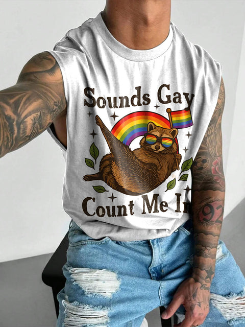 Sounds Gay Raccoon Rainbow Men's Gay LGBTQ Print Wide Shoulder Vest