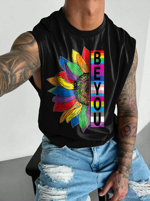 BE YOU Rainbow Sunflower Men's Gay LGBTQ Print Wide Shoulder Vest