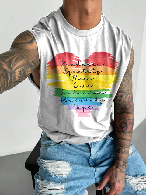 Kindness Equality Peace Love Rainbow Men's Gay LGBTQ Print Wide Shoulder Vest