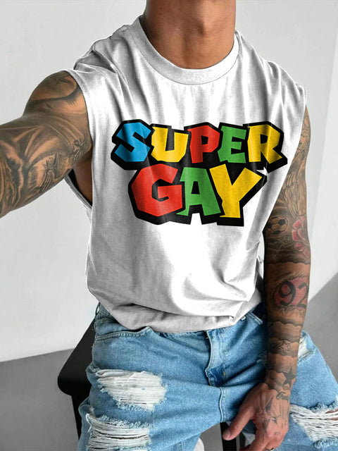 Super Gay Funny Rainbow Men's LGBTQ Print Wide Shoulder Vest