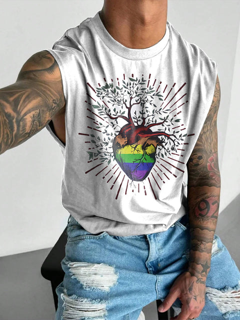 Rainbow Stripes Heart Tree Men's Gay LGBTQ Print Wide Shoulder Vest