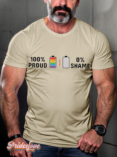 100% Proud No Shame Rainbow LGBTQ Gay Print T-shirt Sand / S