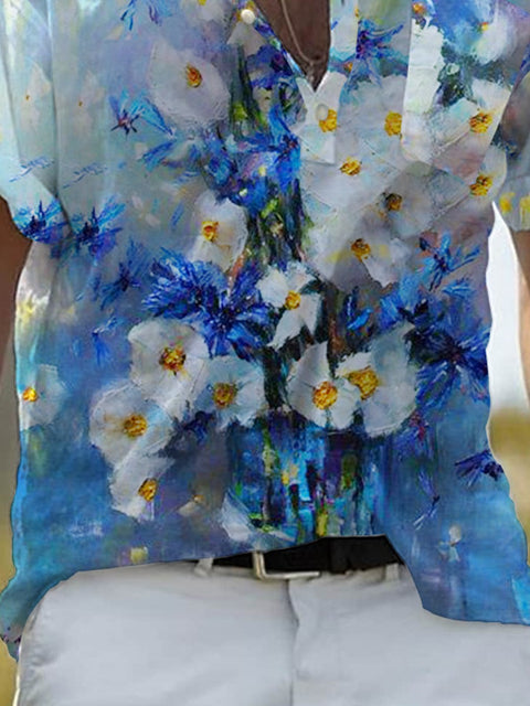 Men's Art Oil Painting Flowers Fashion Casual Shirt