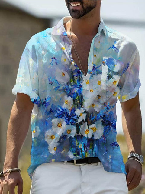 Men's Art Oil Painting Flowers Fashion Casual Shirt