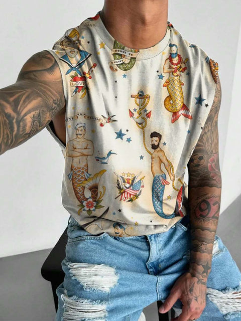 Men's Retro Fishman Sailor Element Stitching Distressed Wide Shoulder Vest
