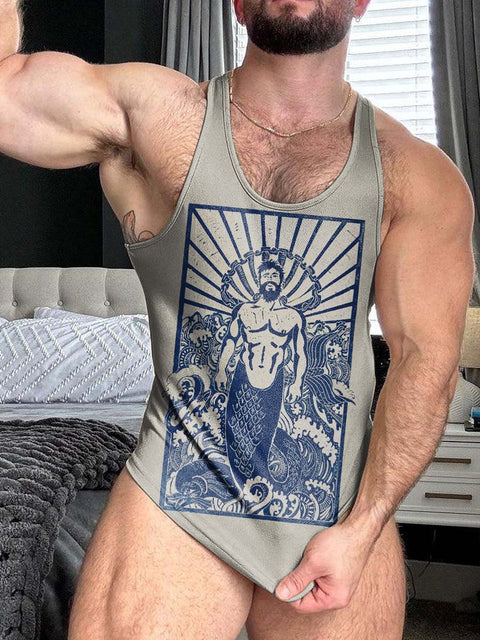 Men's Retro Fishman Muscle Totem Divergent Print 100% Cotton Casual Vest