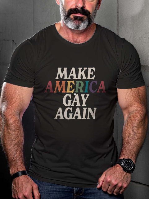 Men's Retro Rainbow Slogan Texture Slogan Hint LGBT Print T-Shirt