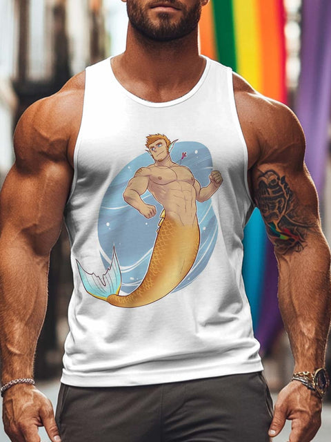 Men's Retro Gay Mermaid Muscle Texture LGBT Print Tank Top
