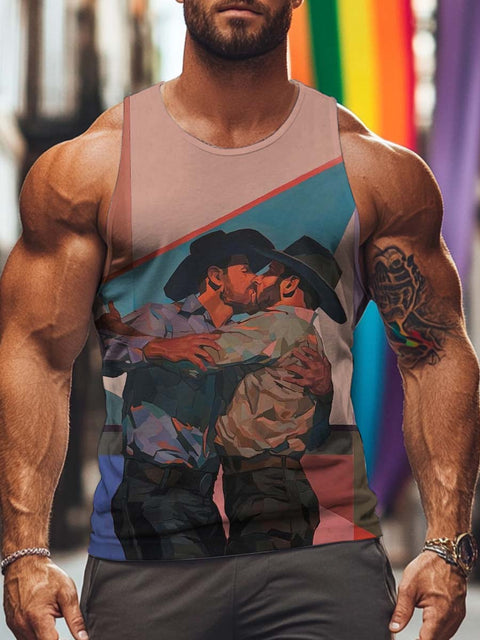 Men's Retro Gay Denim Kissing Oil Painting LGBT Printed Wide Tank Top