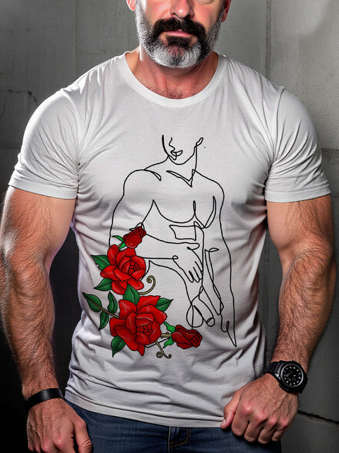 Men's Retro Gay Line Art Rose LGBT Print T-Shirt