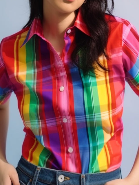 Women's Rainbow Plaid Gradient Art Casual Shirt