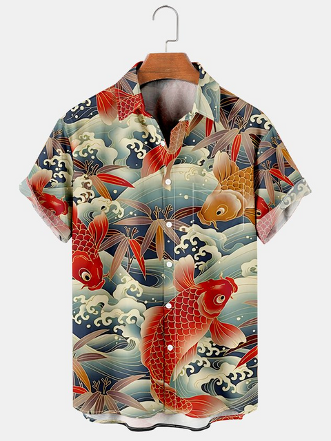 Men's Ukiyo-E Fish Hawaiian Button Up Short Sleeve Shirt