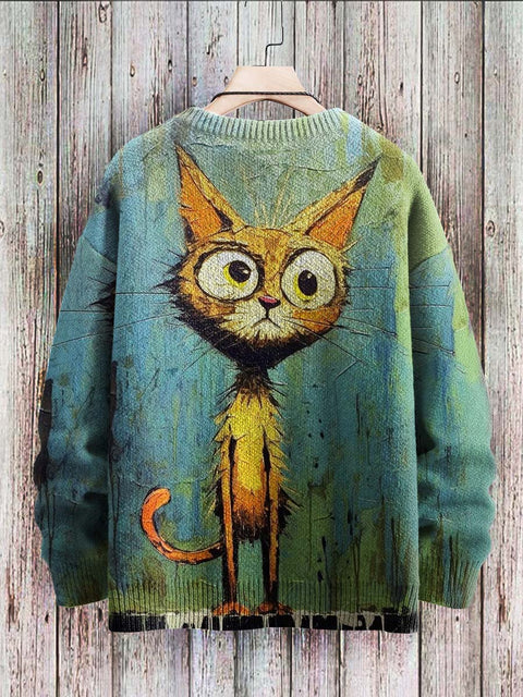 Funny Cat Art Pattern Print Casual Knit Pullover Sweater