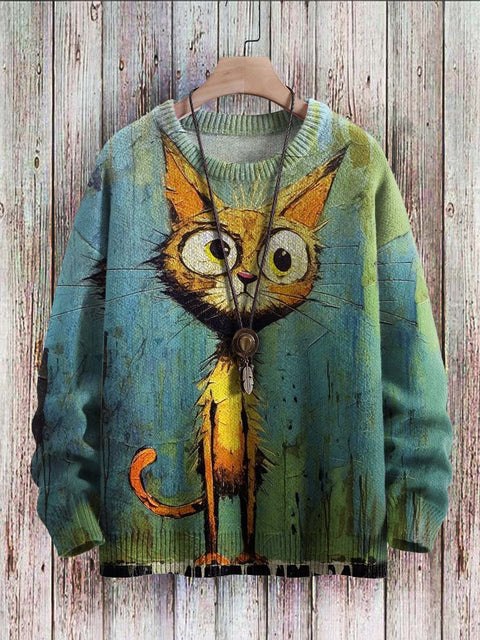 Funny Cat Art Pattern Print Casual Knit Pullover Sweater