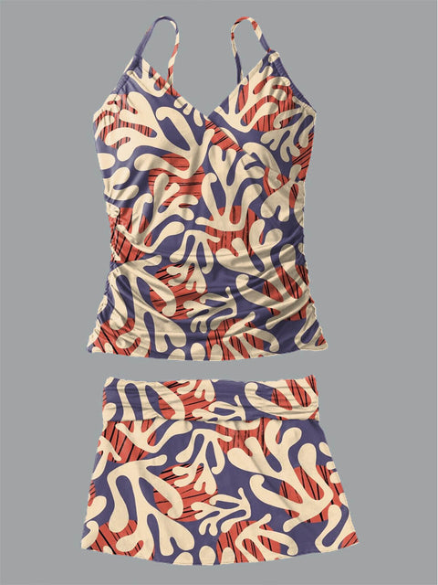 Women's Summer Floral Print Suspender Shirred Swimsuit Set