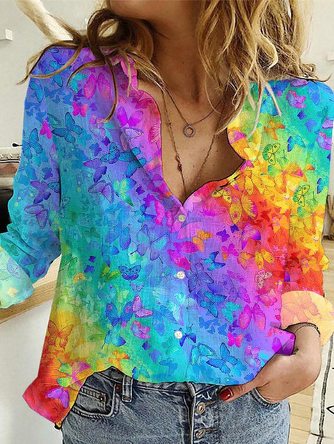 Women's LGBT Rainbow Butterfly Art Printed Casual Shirt