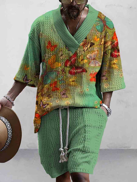 Men's Butterfly Art Print Stylish Knit Shirt Set