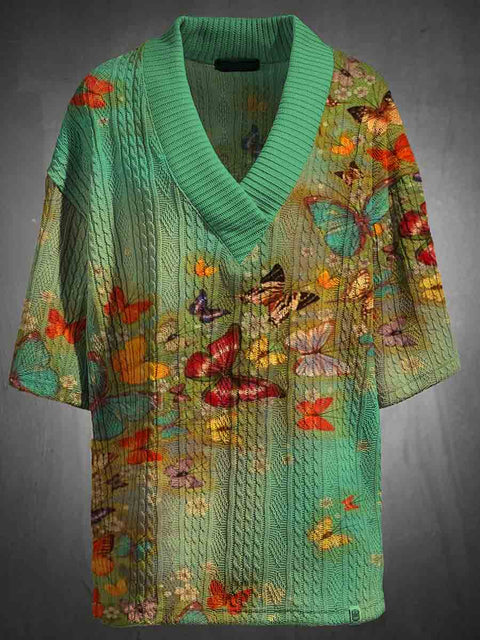 Men's Butterfly Art Print Stylish Knit Shirt Set