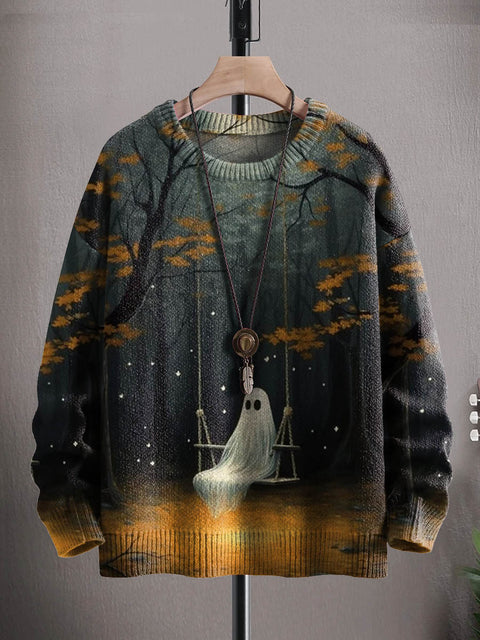 Unisex Art Ghost Halloween Print Casual Knit Sweatshirt