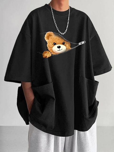 Men's Casual Trendy Fashion Bear Print  V-neck T-shirt