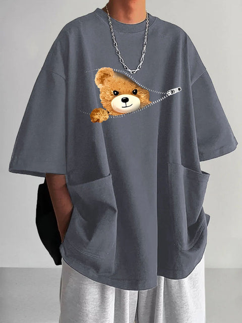 Men's Casual Trendy Fashion Bear Print  V-neck T-shirt