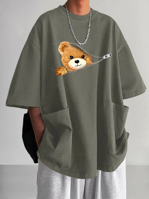 Men's Casual Trendy Fashion Bear Print  V-neck T-shirt