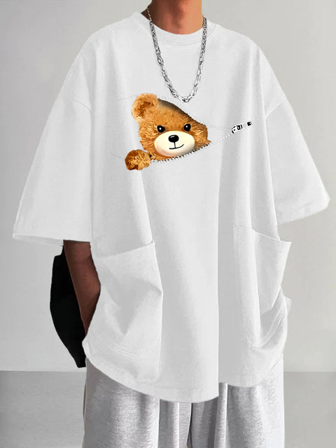 Men's Casual Trendy Fashion Bear Print  V-neck T-shirt