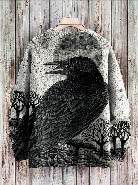 Raven Art Pattern Print Casual Knit Pullover Sweatshirt