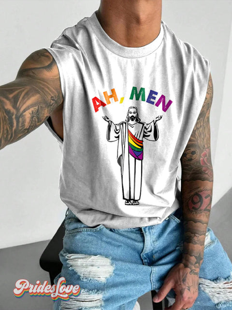 Ah Men Pride Rainbow LGBTQ Gay Print Men’s Wide Shoulder Vest Multicolor / S