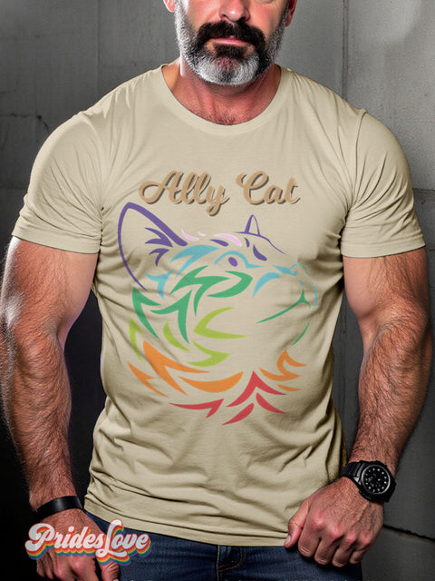 Ally Cat Be Kind Rainbow LGBTQ Gay Print T-shirt Sand / S