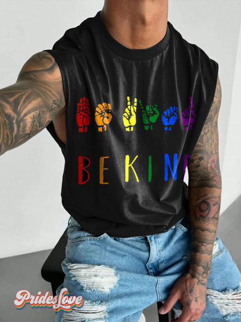 Be Kind Gesture Rainbow Lgbtq Gay Print Men’s Wide Shoulder Vest Colorful / S