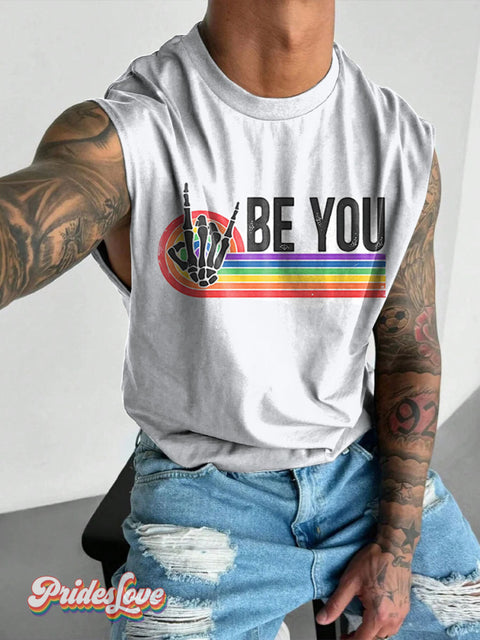 Be You Skull Lgbt Rainbow Gay Print Men’s Wide Shoulder Vest Colorful / S