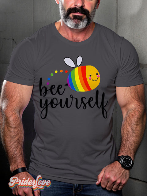 Be Youself Rainbow Lgbtq Gay Print T-Shirt Gray / S