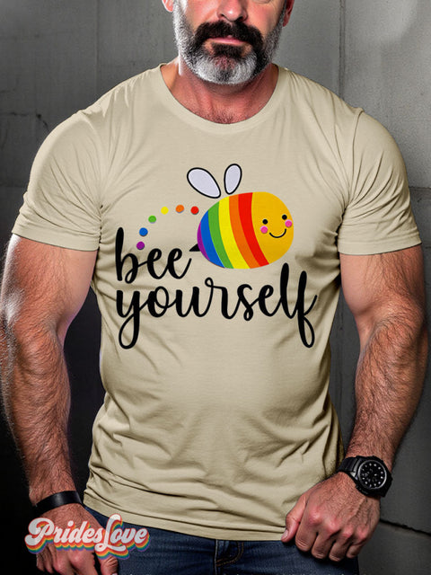 Be Youself Rainbow Lgbtq Gay Print T-Shirt Sand / S