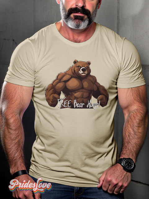 Bear Pride Funny Muscle Bear Rainbow LGBTQ Gay Print T-shirt Sand / S