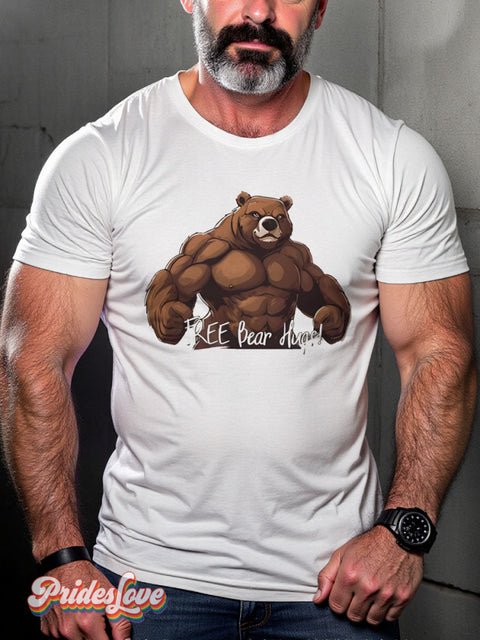 Bear Pride Funny Muscle Bear Rainbow LGBTQ Gay Print T-shirt White / S