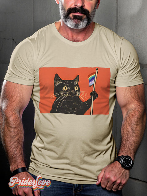 Black Cat Pride Rainbow LGBTQ Gay Print T-shirt Sand / S