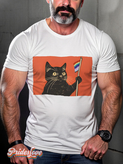 Black Cat Pride Rainbow LGBTQ Gay Print T-shirt White / S