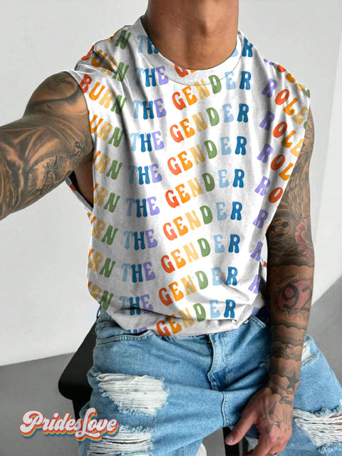 Burn The Gender Roles Rainbow LGBTQ Gay Print Men’s Wide Shoulder Vest Multicolor / S