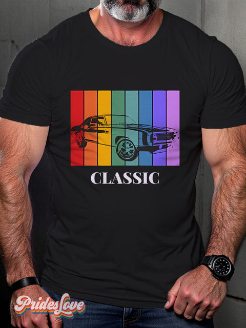 Classic Car Ally Pride Gift For Him Rainbow Lgbtq Gay Print T-Shirt Multicolor / S