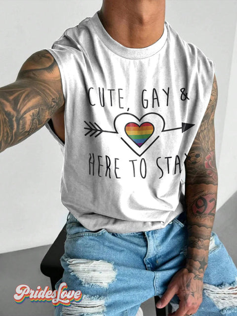 Cute Gay Here To Stay Lgbt Rainbow Print Men’s Wide Shoulder Vest Colorful / S