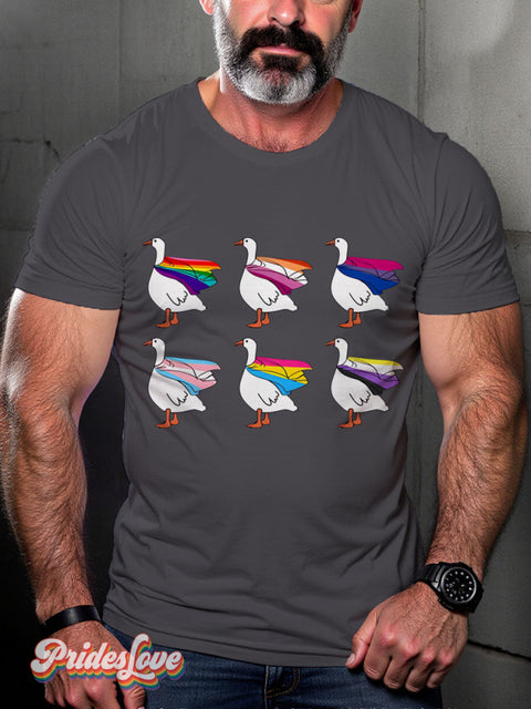 Cute Lgbt Goose Rainbow Gay Art Print T-Shirt Gray / S