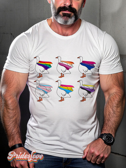 Cute Lgbt Goose Rainbow Gay Art Print T-Shirt White / S