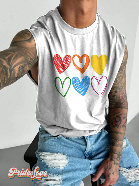 Cute Love Couple Gift Rainbow LGBTQ Gay Print Men’s Wide Shoulder Vest Multicolor / S