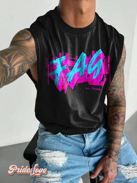 Fag Muscle Tank Top Black Gay Pride Rainbow Lgbtq Print Men’s Wide Shoulder Vest Colorful / S