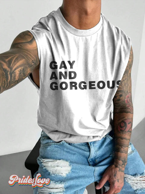 Gay And Goreous Pride Rainbow LGBTQ Print Men’s Wide Shoulder Vest Multicolor / S